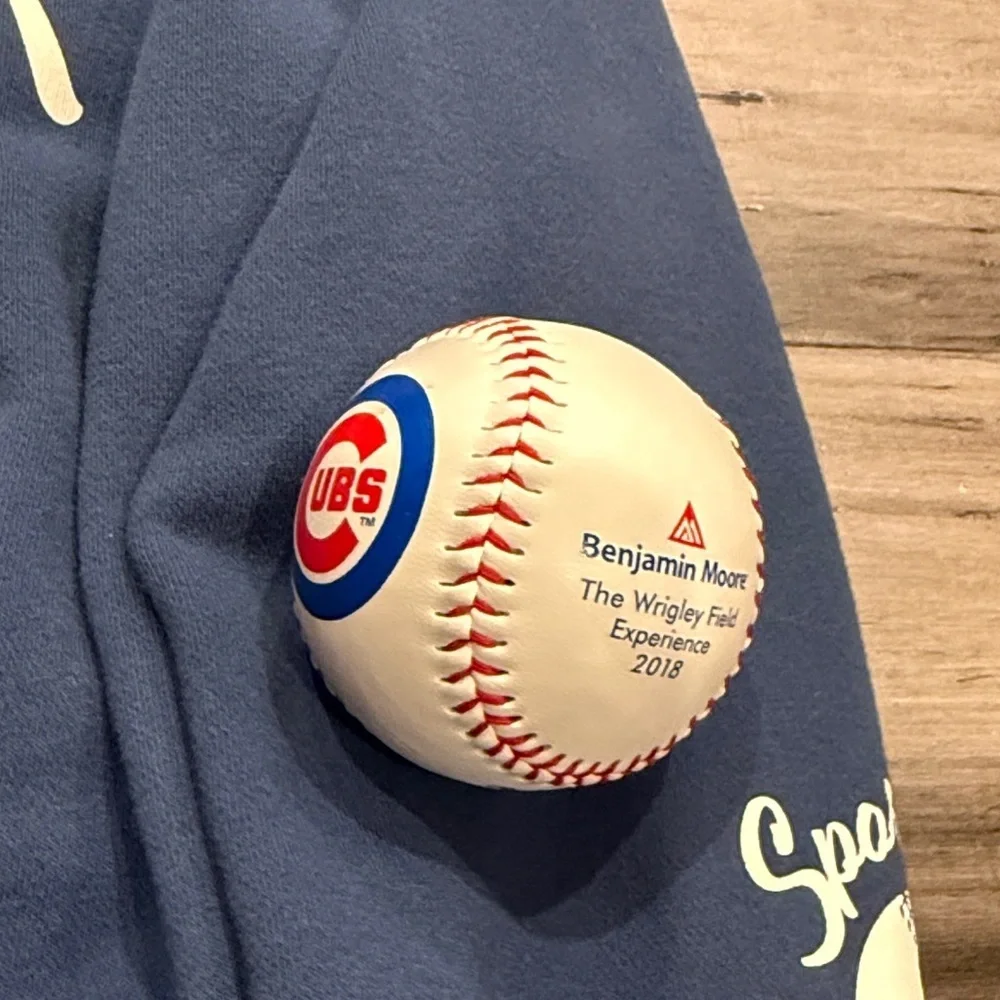 H&M Blue New York Varsity Jacket with White Lettering, includes the Cubs ball.
